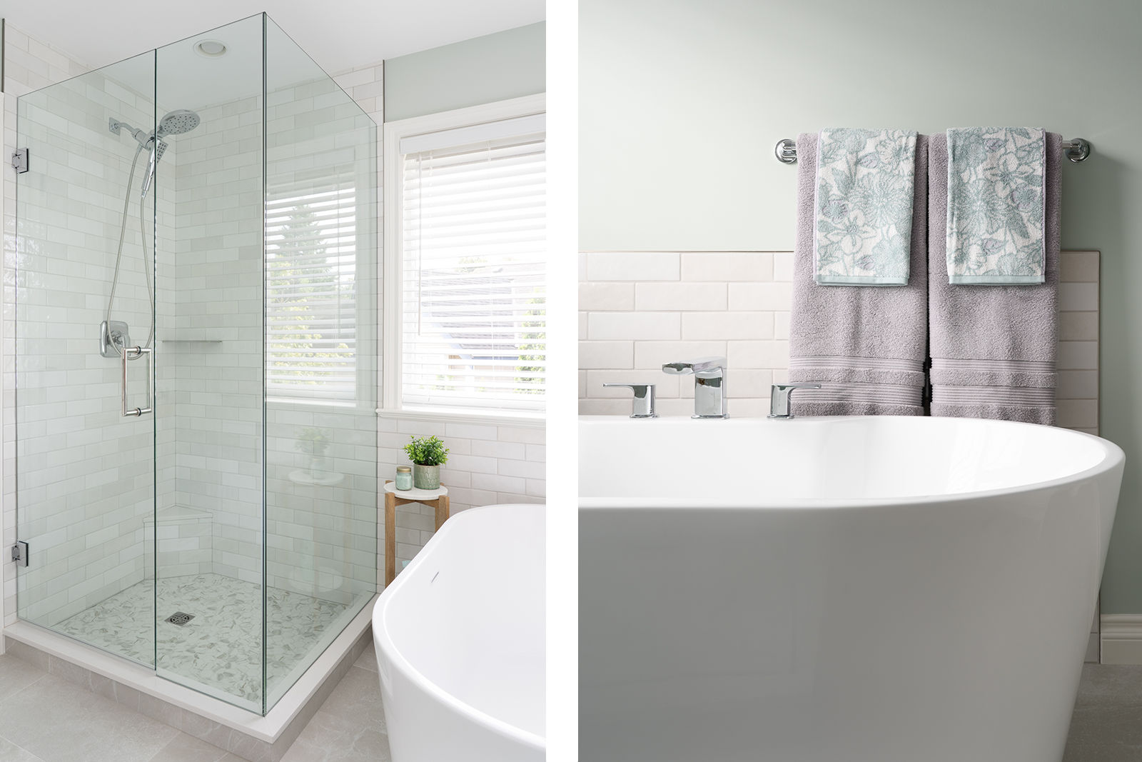 Corner walk-in glass shower enclosure with built-in corner bench and showerhead, alongside a white bathtub.
