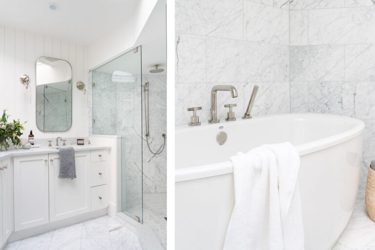 Split view featuring a white vanity with marble tile walk-in shower on the left and a freestanding soaking bathtub on the right.