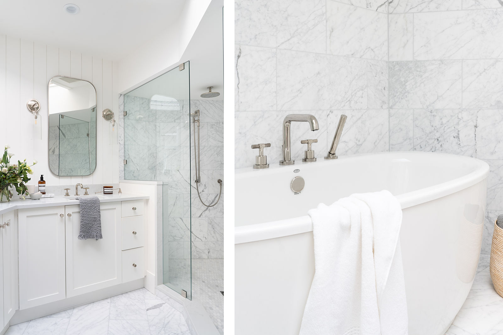 Split view featuring a white vanity with marble tile walk-in shower on the left and a freestanding soaking bathtub on the right.